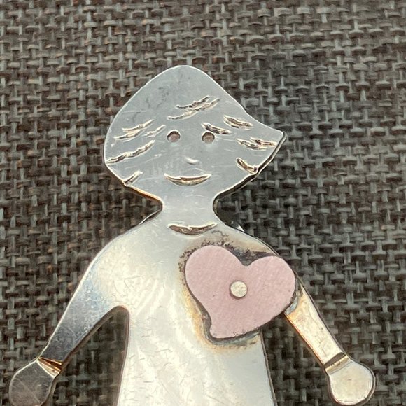 JO Girl Heart Pin Brooch As Is Tack Lapel Tie Sterling Silver Matte Pink Signed - Picture 3 of 8